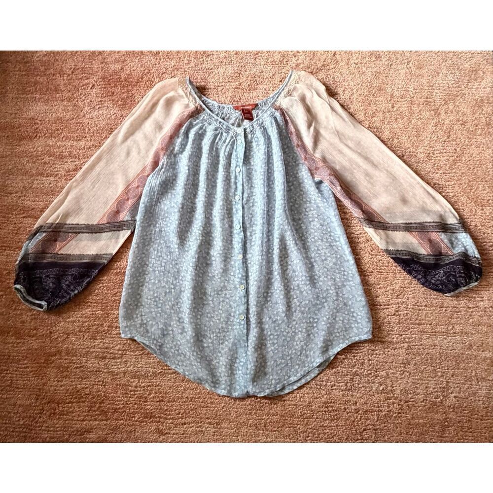 Sundance Silk Peasant Blouse Size S Blue Boho Sheer Floral Top